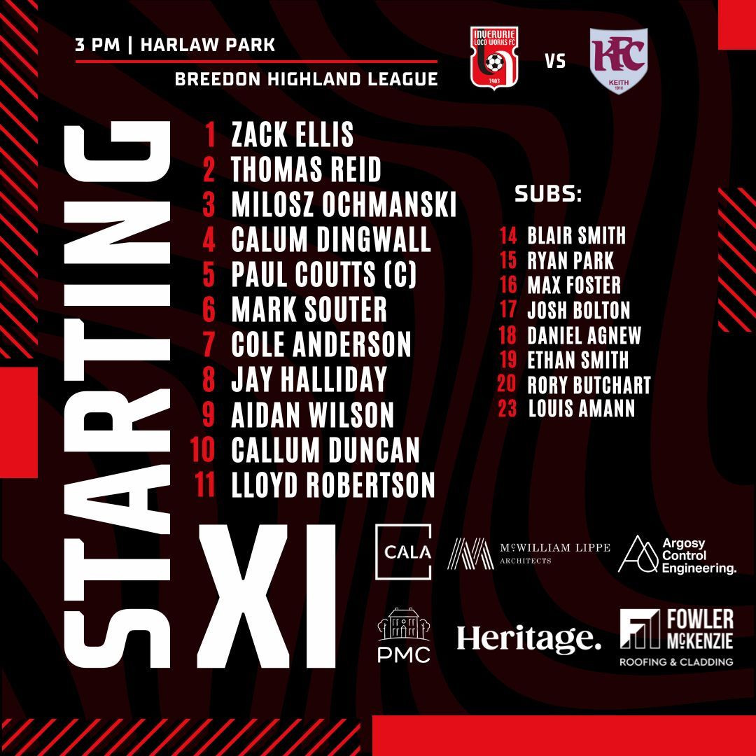 𝗟𝗜𝗡𝗘𝗨𝗣

Your team to face Keith FC this afternoon.

#InverurieLocos 🚂