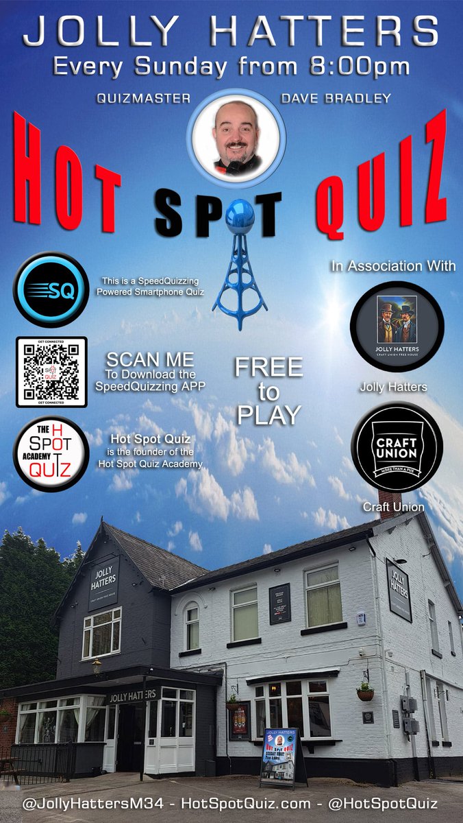 Join us this SUNDAY 23rd February at <a href="/JollyHattersM34/">Jolly Hatters</a> for our FREE FUN WEEKLY <a href="/SpeedQuizzing/">SpeedQuizzing</a> Powered <a href="/HotSpotQuiz/">Hot Spot Quiz 1.5k</a> from 8pm in Haughton Green, Denton
🎤🤩👉📲🏆 Need we say any more?
