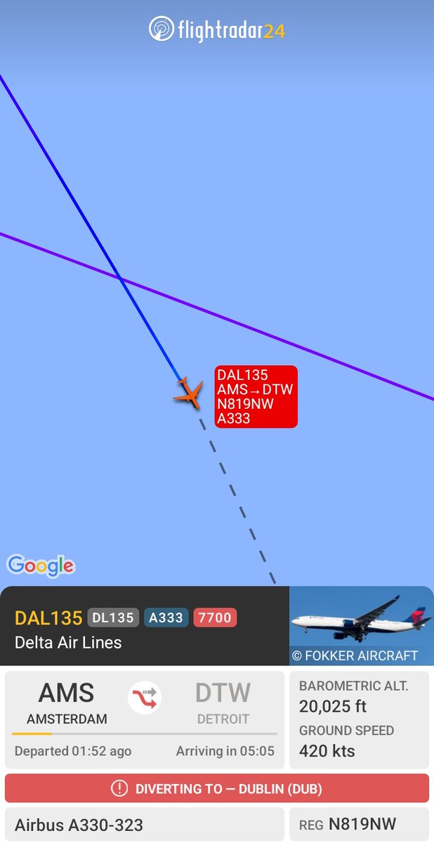 Turbinetraveler's tweet photo. Delta Airbus A330(N819NW) flight
#DL135 from Amsterdam to Detroit
has squawked emergency code 7700 currently diverting to Dublin.
The reason is still unknown.
https://t.co/n6Zhbyifok https://t.co/XeMpGAzhLf
