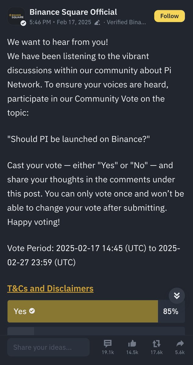 from4950's tweet image. Binance users are voting PiNetwork to be launched on Binance. I voted for Yes. If you believe in the coin, go and vote! For now Yes voters rate is 85%. 
#Picoin #PiNetwork2025 #PiNetworkNews #Binance #PIUSD #PIUSDT #PINetwok