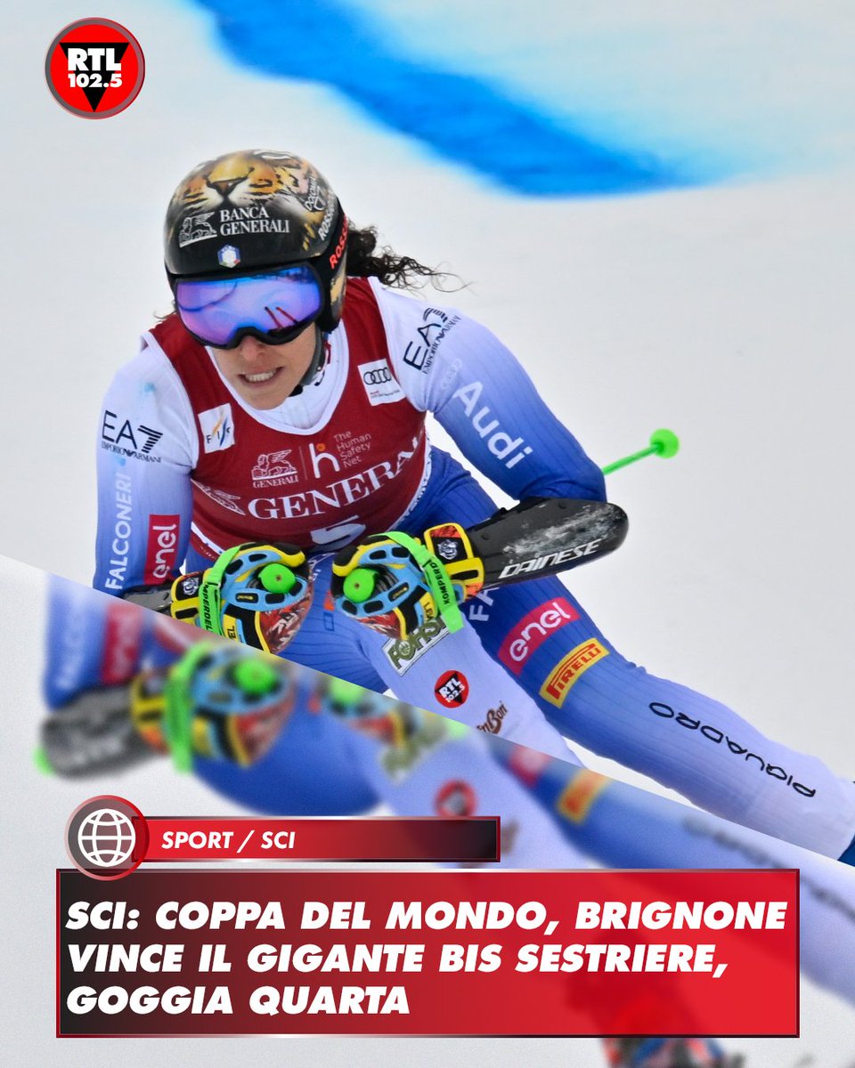 rtl1025's tweet photo. ⛷️ Il gigante bis di #Sestriere sorride all'Italia. Lo vince #FedericaBrignone con una prova sontuosa, chiudendo davanti alla concorrenza in 2'08"81. Dietro di lei, #LaraGut (a 77 centesimi) e #AliceRobinson (a 79 centesimi). #SofiaGoggia quarta. https://t.co/8UP6LO1TVU