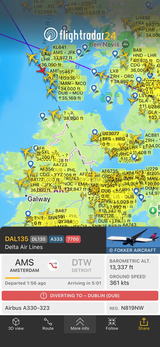 SquawkTracker's tweet image. Flight DL135 from Amsterdam to Detroit
fr24.com/DAL135/39389b19 Reason for declared emergency unknown. Diverting to DUB. We are tracking…