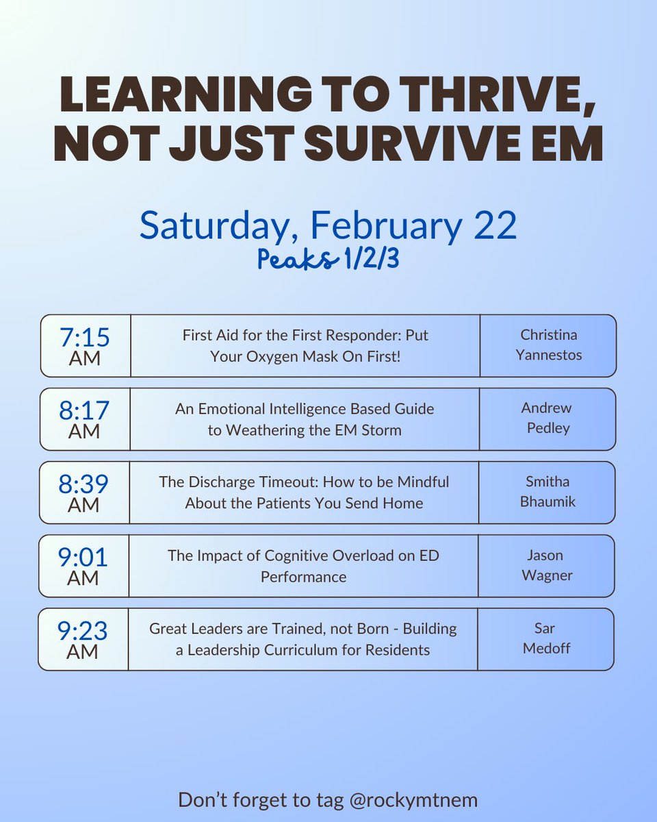 Schedule for Saturday February 22 Morning events. What will you choose?
#rmwc25 #Emergency #emergencymedicine #emergencymedicineconference