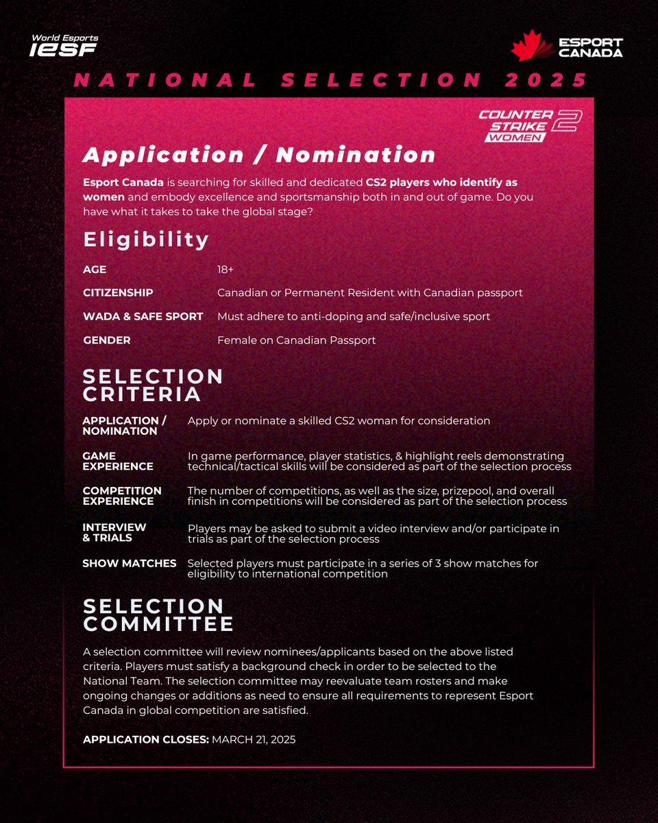 📢 National Selection for Womens CS2 is OPEN 📢

Are you a passion CS2 player who identifies as a woman? Do you embody sportsmanship and excellence - in and out of the game? 

Applications are open for the Canadian CS2 Womens Team!

Apply today - forms.gle/YqpVgpBL5abY1o…