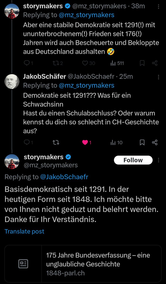 Nein, mein lieber <a href="/mz_storymakers/">storymakers</a>, da war nichts mit Basisdemokratie 1291 in der Schweiz!
Aber das hast du ja selber gemerkt, als du die Seite verlinkt hast, in der rein gar nichts darüber steht.
PS: Ich duze Freunde oder Personen die ich nicht respektiere.
Du bist kein Freund.
