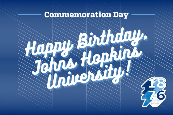 Graphic celebrating Johns Hopkins University's birthday, featuring the text "Happy Birthday, Johns Hopkins University!" with the founding year 1876 displayed on a ribbon graphic, set against a blue background with vertical stripes.