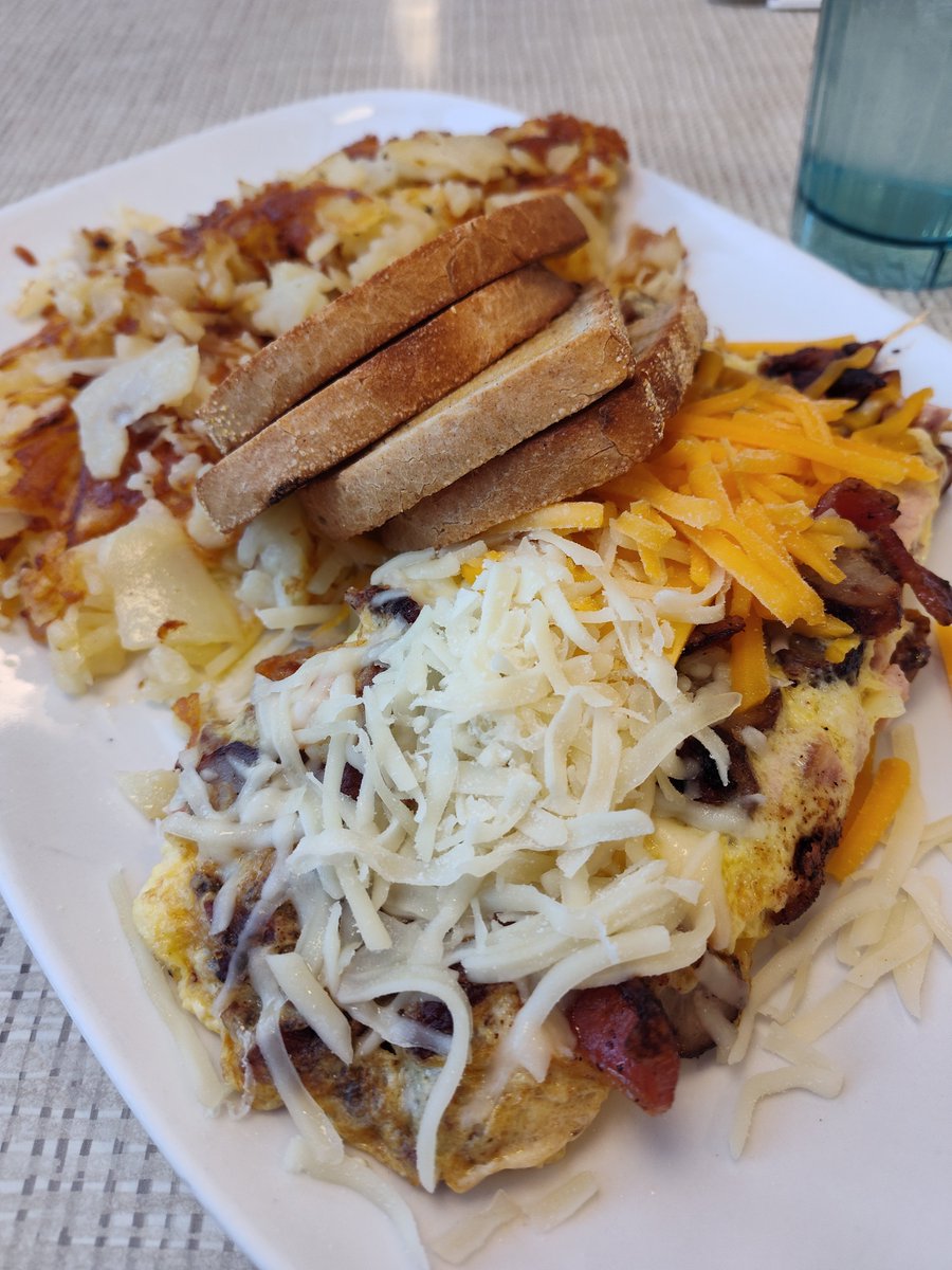 Quick breakfast at my Favorite Breakfast Diner in Michigan &amp; my #8 New (to me) Restaurant of 2024, Nick's Original House of Pancakes in Ann Arbor.  This time, I went with The 3 &amp; 3 Omelette (bacon, ham, &amp; sausage with American, cheddar, &amp; Swiss cheeses) with Hashbrown Potatoes &amp;