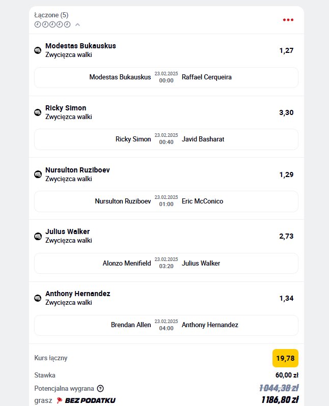 zacharyvanders's tweet photo. Dzisiejsze typy na #UFCSeattle.
Po wczorajszej katastrofie na #KSW103 wraca mój konik, czyli najlepsza federacja na świecie. Jeśli ktoś chce zagrać pewniej, proponuję kupon bez Simona.
To nie jest porada inwestycyjna. Pozdrawiam ☺️ https://t.co/IZCO0uwh2H