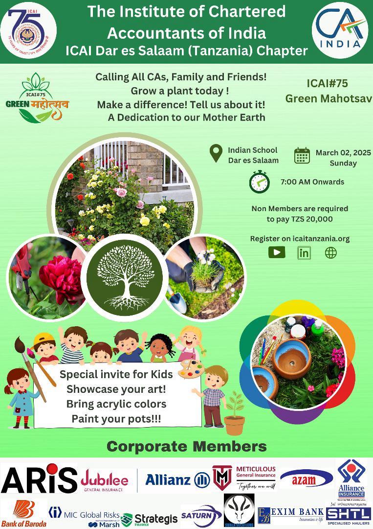 ICAI Green Mahotsav at Indian School Dar es Salaam Tanzania
Calling all CAs, Family &amp; Friends
Sunday, 07-Feb, 7 am onwards