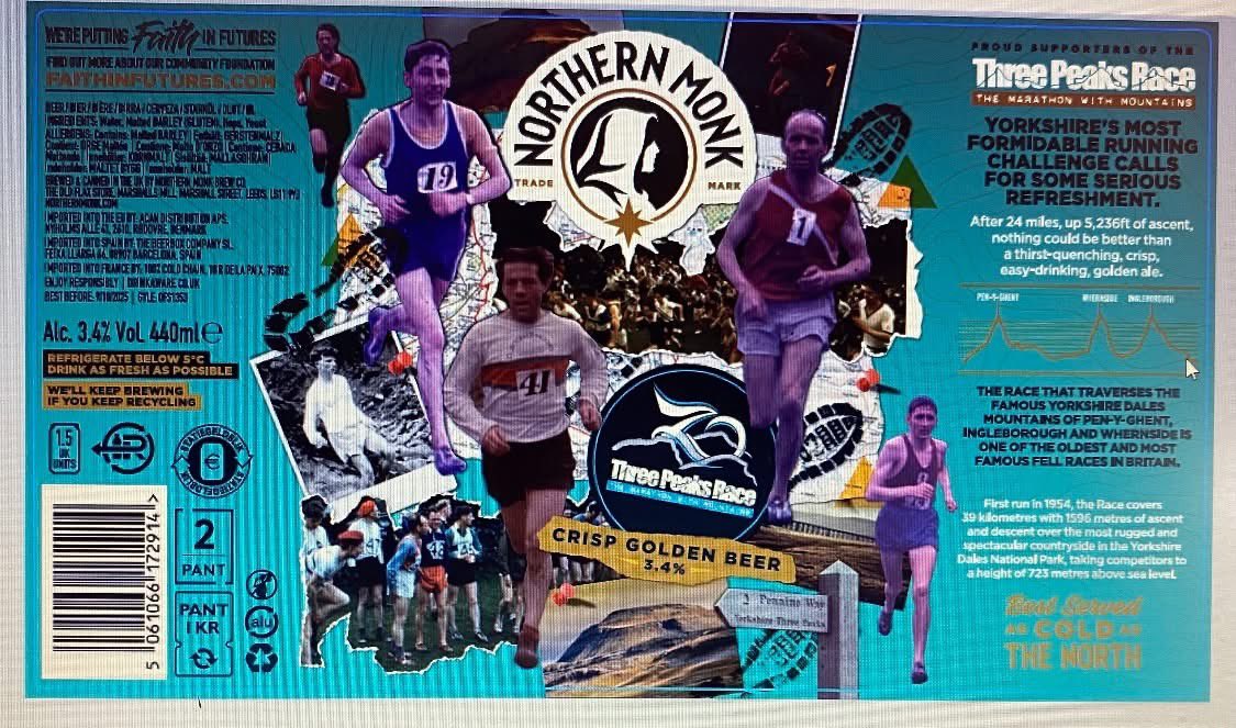 We are proud to say that Northern Monk are once again brewing us a Three Peaks beer for race day <a href="/NMonkeyBrewCo/">Northernmonkeybrewco</a> 

It's a 3.4% golden beer - I am sure everyone is already antipicating it at the end of their race! 

Pictured is this year's special label.