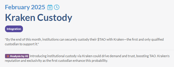 Coinbase recently listed $TAO (<a href="/opentensor/">Openτensor Foundaτion</a>) on 20 Feb 2025

$TAO has an upcoming event:

February 2025
Kraken Custody 👉 coinmarketcal.com/en/event/krake…

Find more upcoming opportunities at coinmarketcal.com