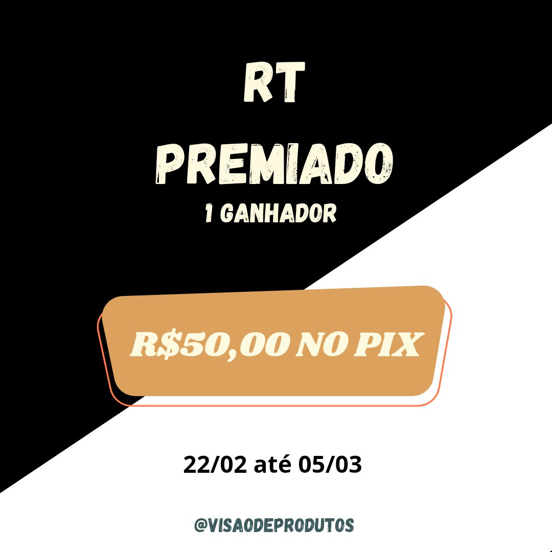 ✨ RT PREMIADO ✨

Prêmio: R$50 no pix

Para participar:

* Seguir <a href="/visaodeprodutos/">Achados da Internet</a> 
* Dar RT nesse post
* Comentar nesse post

Válido para os RTs nos posts de 22/02 até 05/03

🗓️ Resultado dia 06/03