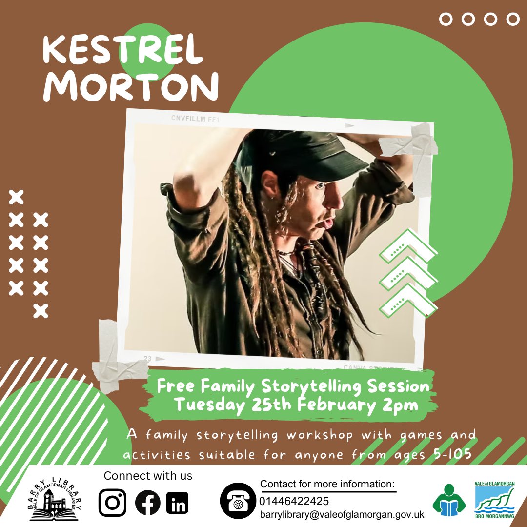 BarryLibrary's tweet image. Free family Storytelling Session with Kestrel Morton. Tuesday 25th February, 2pm.
All ages. No need to book a place..

@VALEFIS
