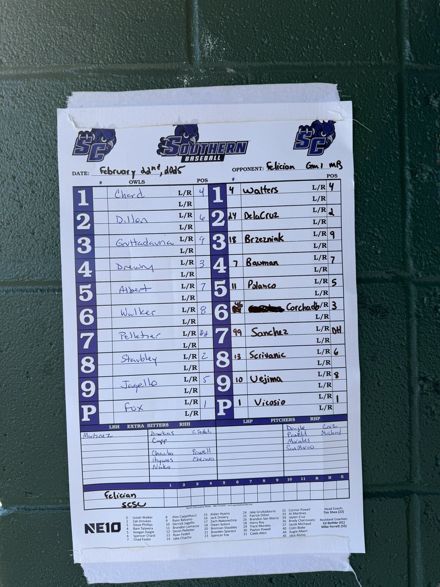 SCSU_BASE's tweet photo. Game 1 Line up vs. Felician. 
10am first pitch! https://t.co/0p0J4MGQlX