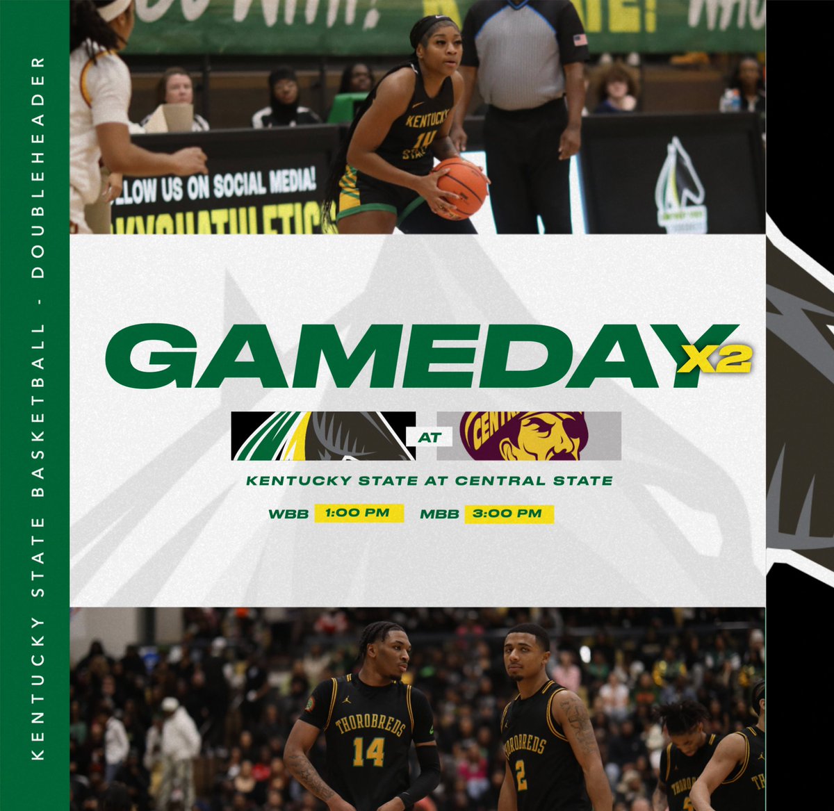 It's GAMEDAY in Ohio! The Kentucky State women's and men's basketball teams are set to face Central State in a Southern SIAC doubleheader today. The women's game tips off at 1 p.m., followed by the men's game at 3 p.m. 

📺: tinyurl.com/mr3sjff8

#KSUWBB | #KSUMBB