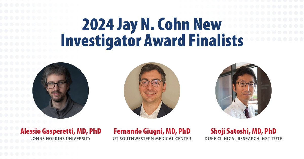 HFSA (@hfsa) on Twitter photo Congratulations to the remaining finalists of the 2024 Jay N. Cohn New Investigator Award! <a href="/gasperettimd/">Alessio Gasperetti, MD PhD</a> <a href="/FernandoGiugni/">Fernando Giugni</a> and <a href="/SS_cardiol/">Satoshi Shoji, MD, PhD</a> – your impactful research doesn't go unnoticed. We’re now accepting abstracts for #HFSA2025! >> hfsa.org/asm/submitting… Congratulations to the remaining finalists of the 2024 Jay N. Cohn New Investigator Award! <a href="/gasperettimd/">Alessio Gasperetti, MD PhD</a> <a href="/FernandoGiugni/">Fernando Giugni</a> and <a href="/SS_cardiol/">Satoshi Shoji, MD, PhD</a> – your impactful research doesn't go unnoticed. We’re now accepting abstracts for #HFSA2025! >> hfsa.org/asm/submitting…