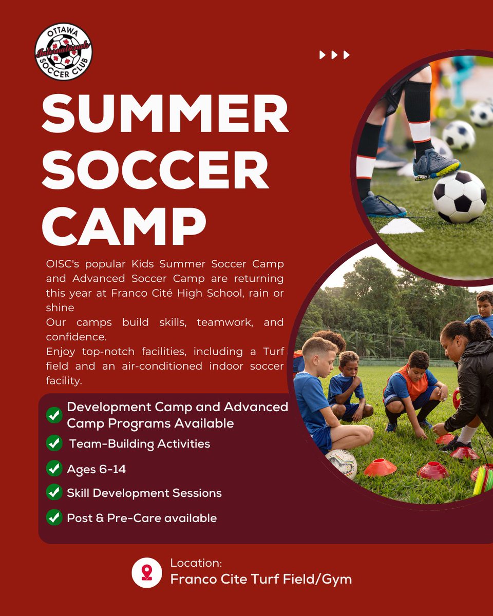 OttawaIntSoccer's tweet image. Our popular Kids Summer Soccer Camp and Advanced Soccer Camp are back this year at Franco Cité High School—rain or shine!

Don’t miss out on a summer of fun, skill-building, and great coaching. 

Register now: ow.ly/w9qk50V3gA2

#SummerSoccer #SoccerCamp #OISC #RegisterNow