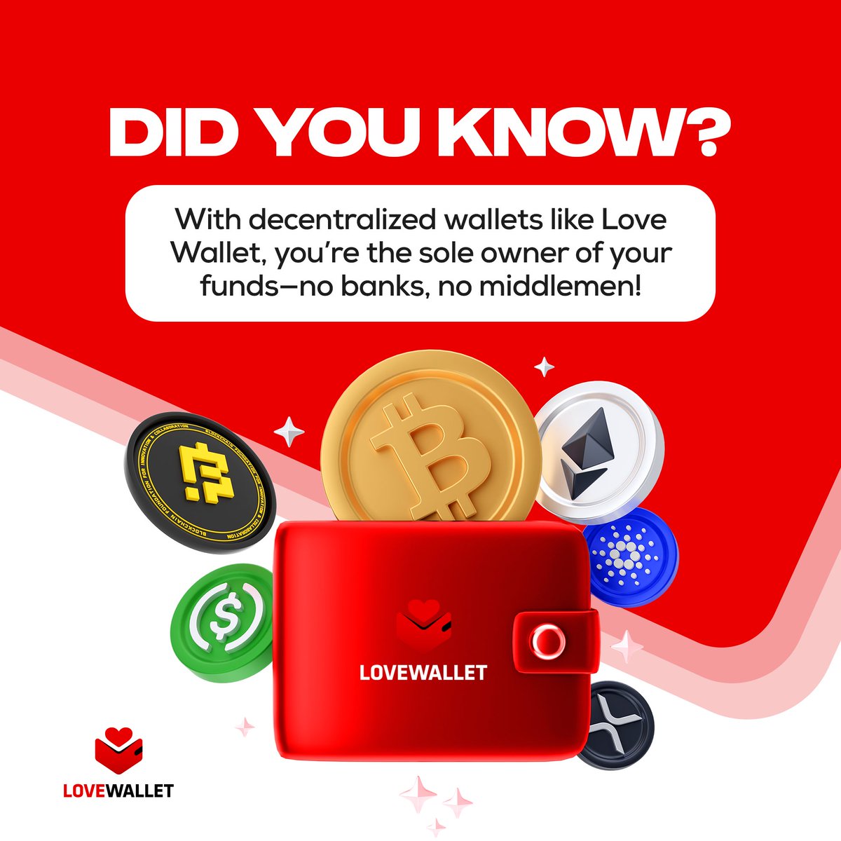 ItsLoveWallet's tweet photo. Take control of your finances with Love Wallet!
#Didyouknow? 🤔
With decentralized wallets like Love Wallet, you’re the sole owner of your funds—no banks, no middlemen! 
Enjoy secure, transparent, and borderless transactions. 
#Download #LoveWallet now https://t.co/X4kDNLQm36