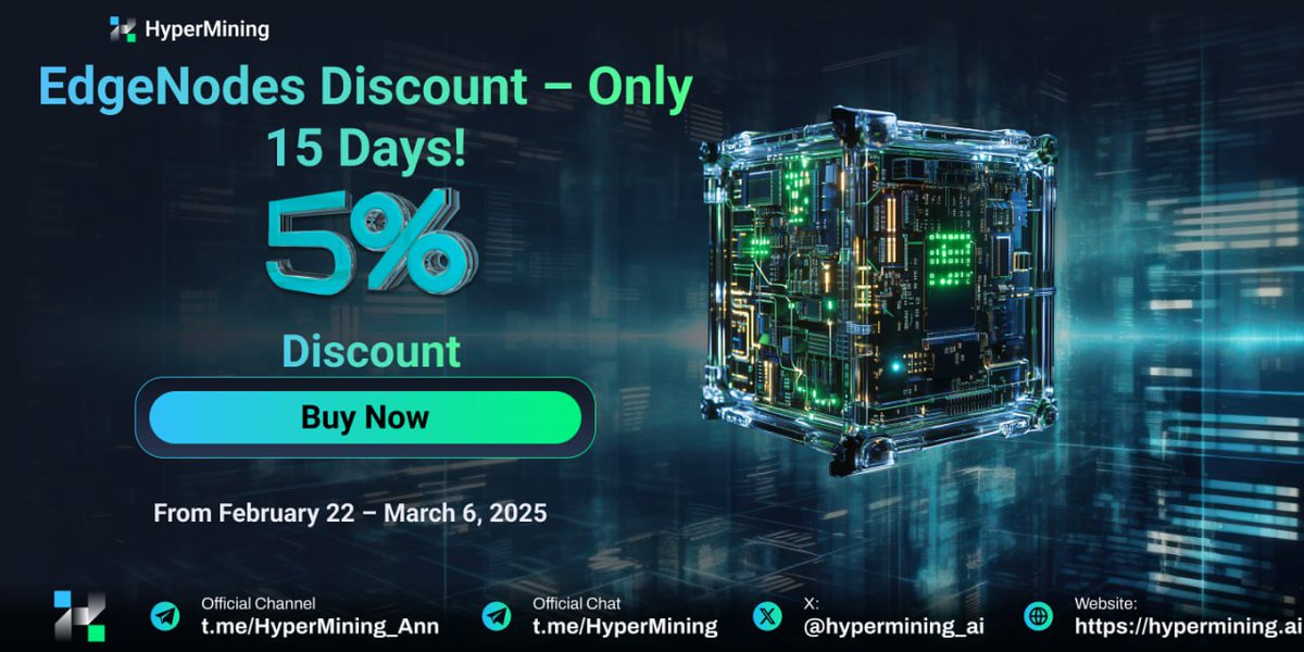 hypermining_ai's tweet image. HyperMining EdgeNodes Discount – Only 15 Days! 🚀  

🔥 Get 5% OFF from February 22 – March 6, 2025!  

An amazing opportunity to start earning passive income effortlessly. Choose your EdgeNode and start mining today!  

💰 EdgeNode Options:  

✅ Individuals – Simple,…