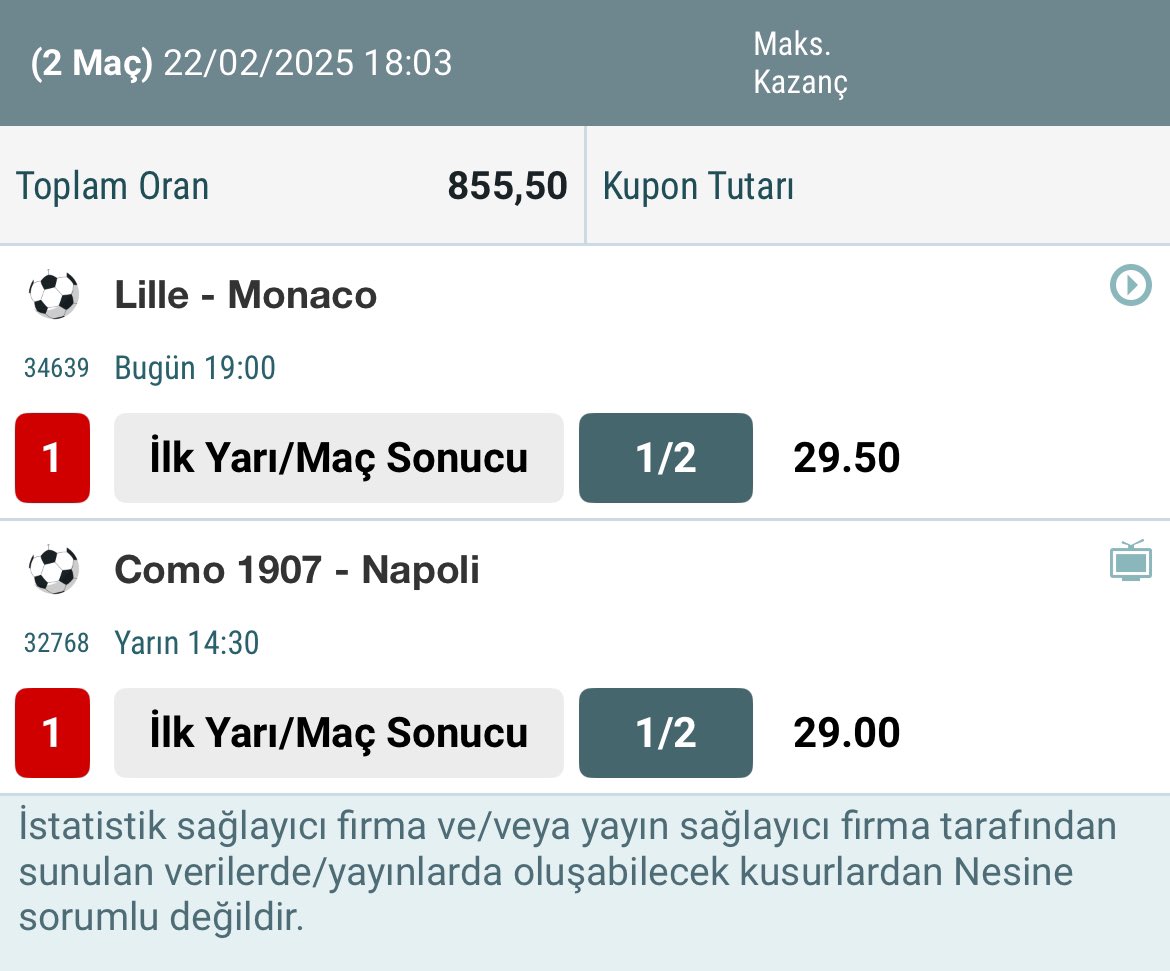 oc_sportsback's tweet photo. #gününsürprizkuponu
#htft
#iyms
Lille 🇫🇷 - Monaco 🇫🇷
1/2 2/1
Como 🇮🇹 - Napoli 🇮🇹
1/2
İki ayda ikinci sürpriz ikilimizin peşindeyiz.
#Ocisback https://t.co/2sG1wFLkeB