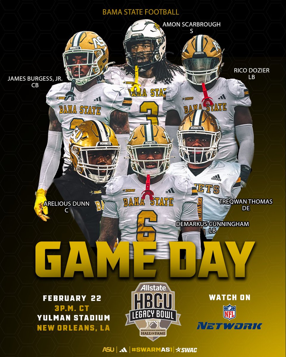 Alabama State Football (@bamastatefb) on Twitter photo Good Luck to Our Guys in NOLA Today!
๐บ <a href="/nflnetwork/">NFL Network</a>
โฐ 3 PM CT
#SWARMAS1 | <a href="/HBCULegacyBowl/">HBCU LEGACY BOWL</a> Good Luck to Our Guys in NOLA Today!
๐บ <a href="/nflnetwork/">NFL Network</a>
โฐ 3 PM CT
#SWARMAS1 | <a href="/HBCULegacyBowl/">HBCU LEGACY BOWL</a>