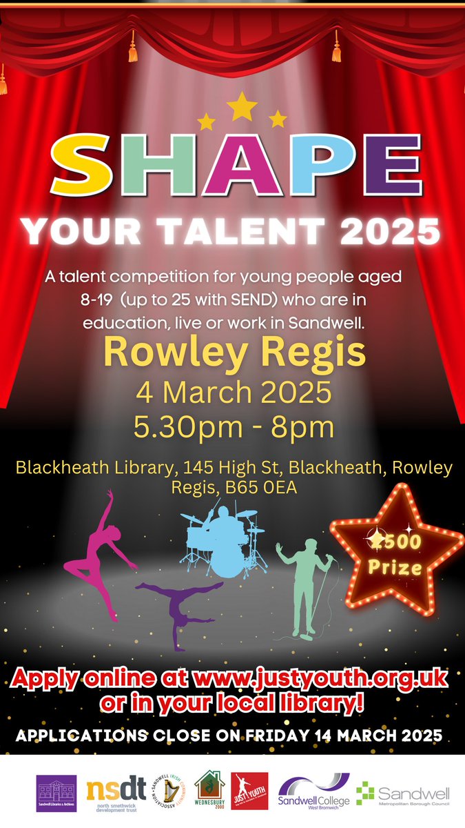 🚨 10 DAYS TO GO! 🚨

The first SHAPE Your Talent auditions kick off at Blackheath Library soon! 🎤🎭🎸 Don't miss your chance to shine—apply now!

📅 Auditions start soon
📍 Blackheath Library
🔗 Apply online: justyouth.org.uk/syt-info/

#SHAPEYourTalent #SYT2025 #TalentShow
