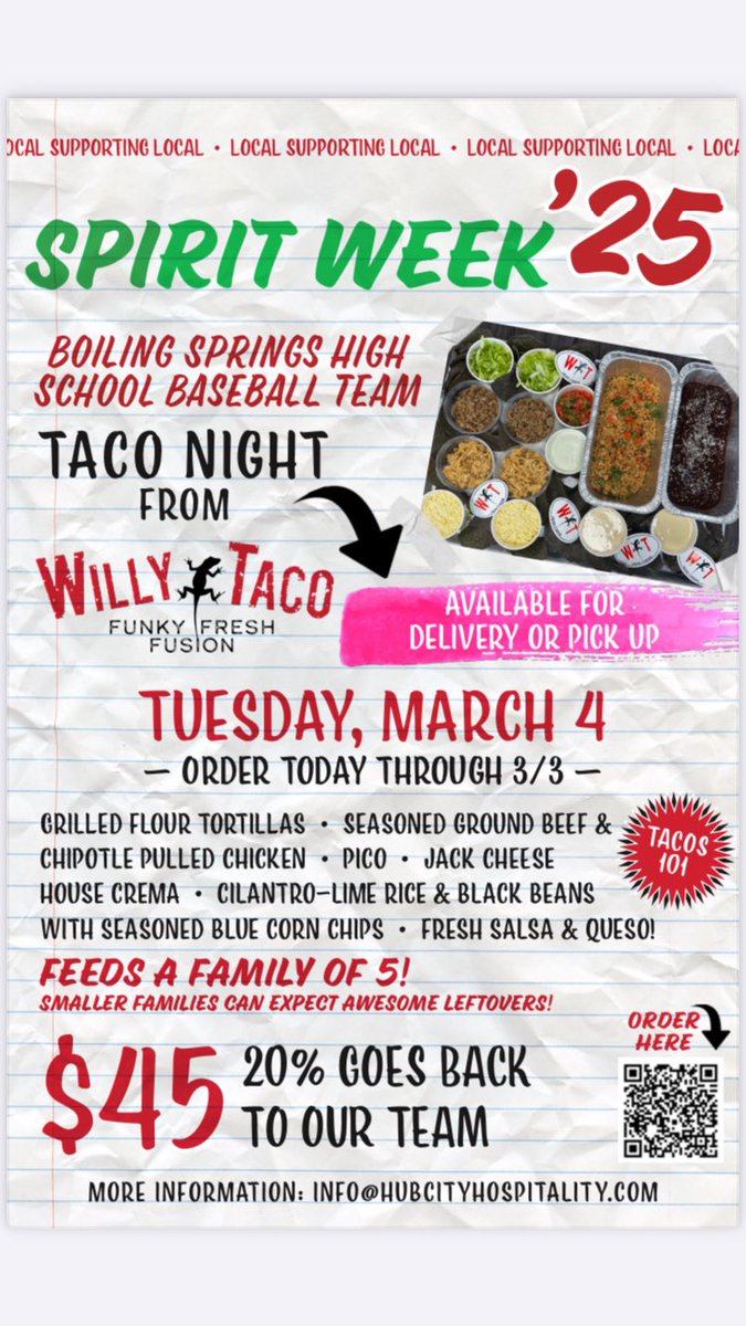 willytaco.com/spirit-week-2
Support BSHS Baseball! We are partnering with Willy Taco - BS, &amp; family meals will be available for pick-up or delivery on 3/4. Our team will receive 20% of the sales. Scan the QR code, or click on the link above to place an order!Order by 3/3. Thank you!
