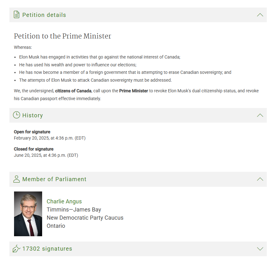 LeftHandStu's tweet photo. NDP MP Charlie Angus has introduced a petition to the PM calling for him to revoke Elon Musk's dual citizenship status, and revoke his Canadian passport "effective immediately." #cdnpoli https://t.co/u836W1bjQJ