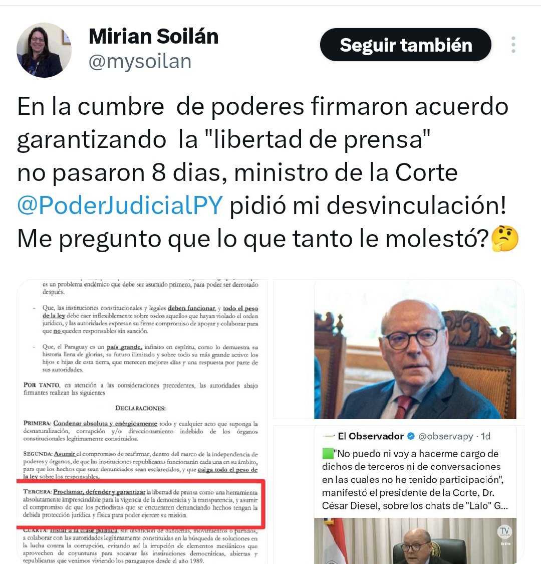 CuartoPoder_Py's tweet photo. 🔴ESTAMOS PEOR TRAS LA CUMBRE DE PODERES CONTRA LA CORRUPCIÓN: AHORA DESDE EL PJ  PIDEN CABEZAS DE PERIODISTAS CRÍTICOS 

◾La periodista @mysoilan fue despedida del medio en el que trabajó casi 20 años aparentemente a pedido de una alta autoridad del @PoderJudicialPY a quien cuestionó en redes sociales. 

◾¿De qué sirvió la Cumbre de Poder contra la Corrupción convocada por @SantiPenap hace 5 dias en el que se firmó el compromiso de garantizar la libertad de prensa? El documento fue rubricado por César Diesel, presidente de la Corte Suprema y las cabezas del Poder Legislativo, además del fiscal general y el contralor. 
@PeriodistasPy