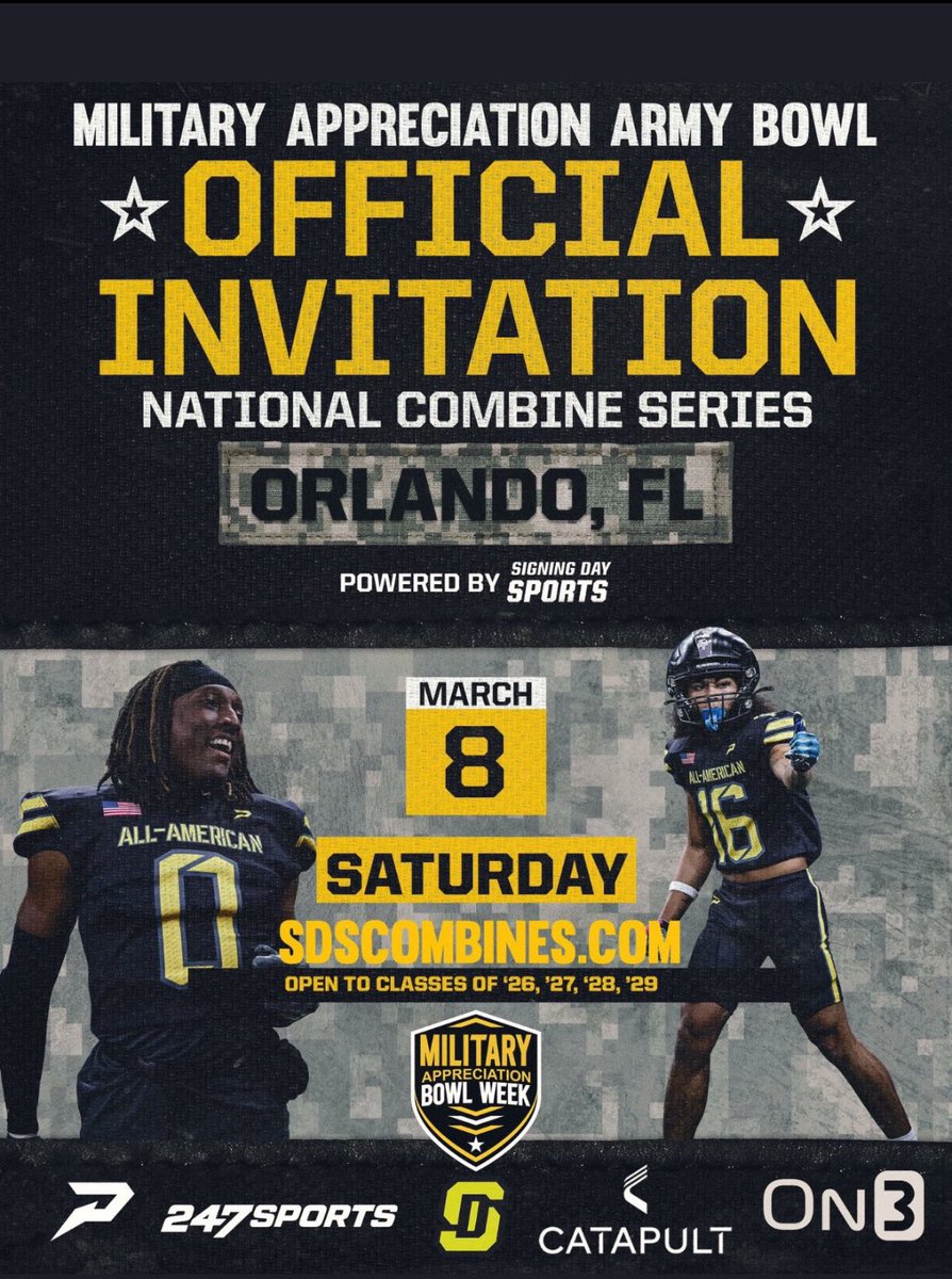Blessed to be invited to the Military Appreciation Army Bowl Combine 
#blessed #letswork 💯💯

<a href="/h2valle/">Coach Helder Valle</a> <a href="/JJKilgore_SDS/">JJ Kilgore</a> <a href="/NP_Florida/">Chad Jamison</a> <a href="/USArmyBowl/">Military Appreciation Bowl Week</a> <a href="/Rivals/">Rivals</a> <a href="/On3Recruits/">On3 Recruits</a>