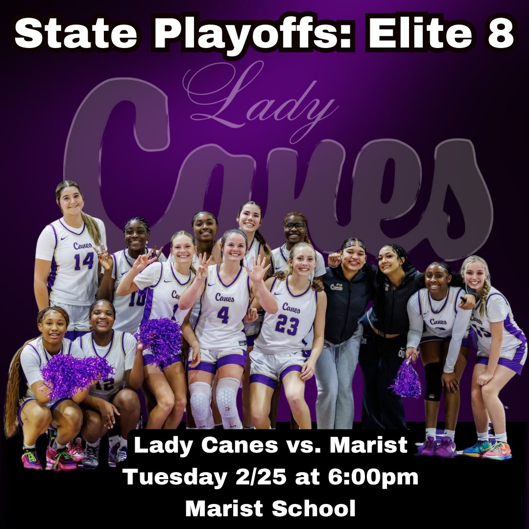Happy Saturday Canes! For the Elite 8 matchup, we will travel to Marist  on Tuesday 2/25. Game Time is set for 6:00pm. We hope to see you there. Go Lady Canes! 💜🏀💛
