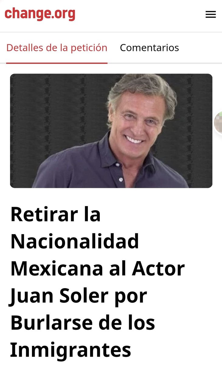 En <a href="/Change_Mex/">Change.org México</a> crearon una petición para retirar la nacionalidad mexicana al "actor" Juan Soler por burlarse de los migrantes. chng.it/B7ph6dHvyQ