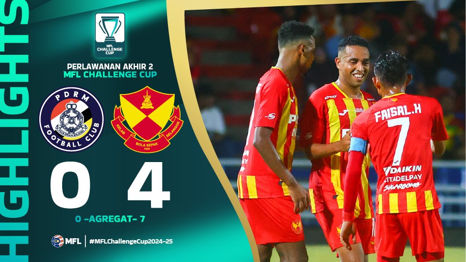 MFL_MY's tweet image. 📹HIGHLIGHTS: @officialpdrmfc 0-4 @selangorfc 

Selangor FC menewaskan PDRM FC, 7-0 secara agregat sekaligus merangkul gelaran juara MFL Challenge Cup 2024-2025.

👉 malaysianfootballleague.com/Content/Post/W…

#MFLChallengeCup2024-25 #DemiLigaKita #LigaMalaysia