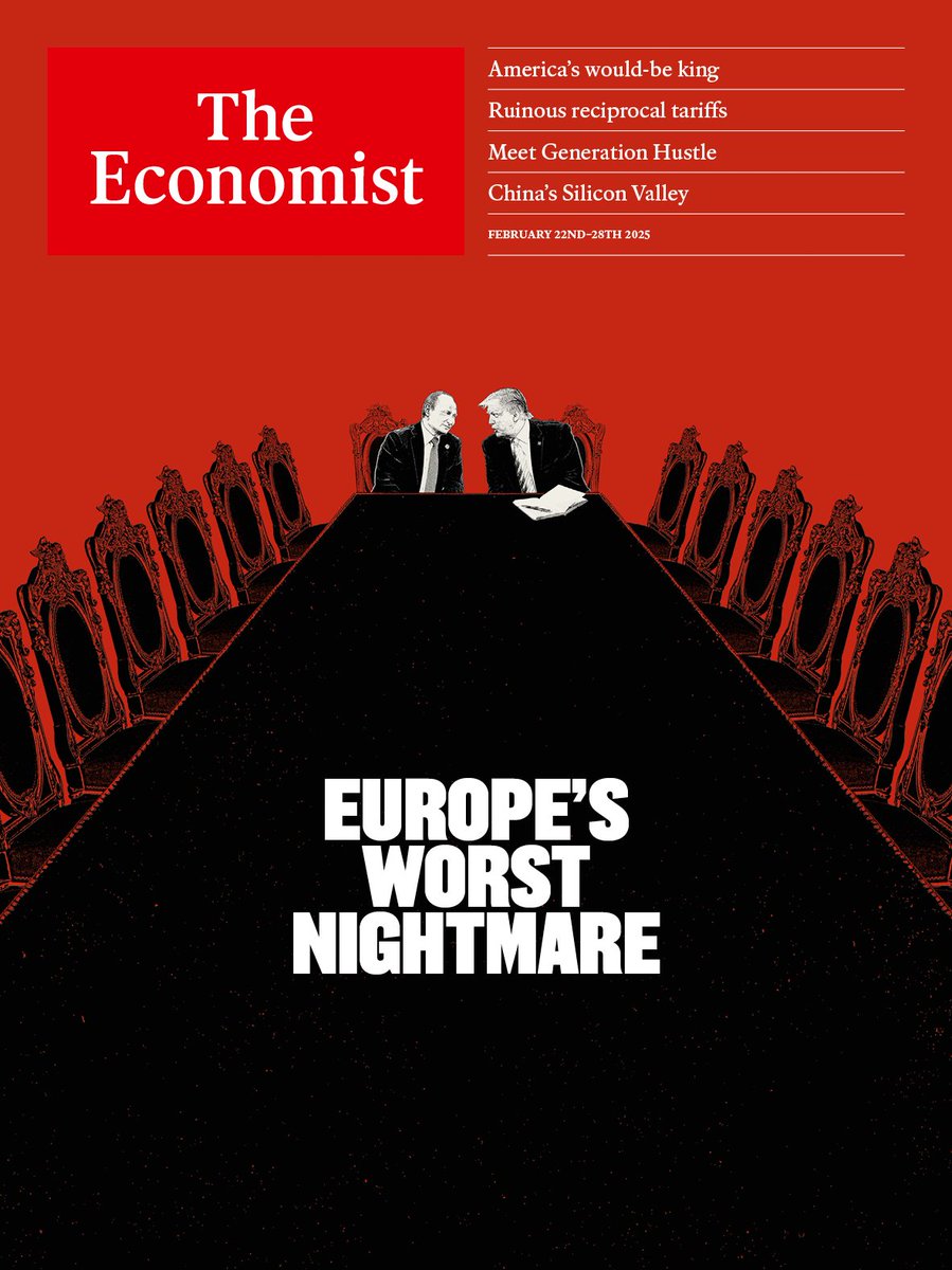 TheEconomist's tweet photo. To reflect the momentous events of the past week we designed two covers featuring Donald Trump.

One explains how Europe must respond as he and Vladimir Putin smash the post-war order https://t.co/OsNd3HhE10

The other considers the power of the president https://t.co/w2c5CdGGH6 https://t.co/owBsbfQ5vi