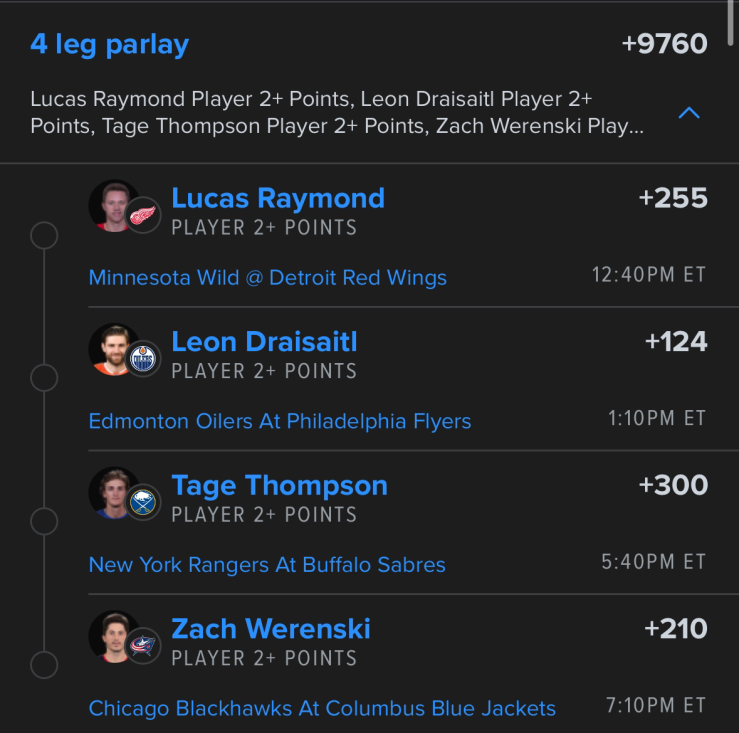 Chedzz's tweet photo. NHL Top 4 Point Props 🏒🚨

I will be heavy on points today NOT SOGs. Lets be honest, the 3s probably aint hitting BUT:

- Leon vs PHI 
- Raymond at home 
- Werenski vs CHI at home 
- Tage snubbed from Team USA revenge angle.

#NHLPicks #GamblingX https://t.co/ppdKFcydGl