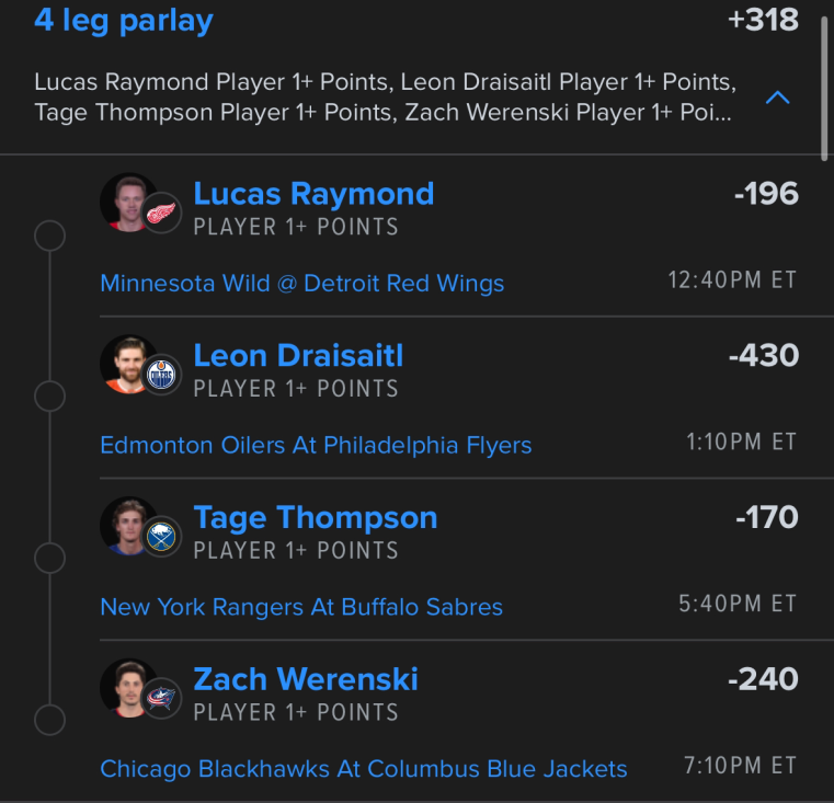 Chedzz's tweet photo. NHL Top 4 Point Props 🏒🚨

I will be heavy on points today NOT SOGs. Lets be honest, the 3s probably aint hitting BUT:

- Leon vs PHI 
- Raymond at home 
- Werenski vs CHI at home 
- Tage snubbed from Team USA revenge angle.

#NHLPicks #GamblingX https://t.co/ppdKFcydGl