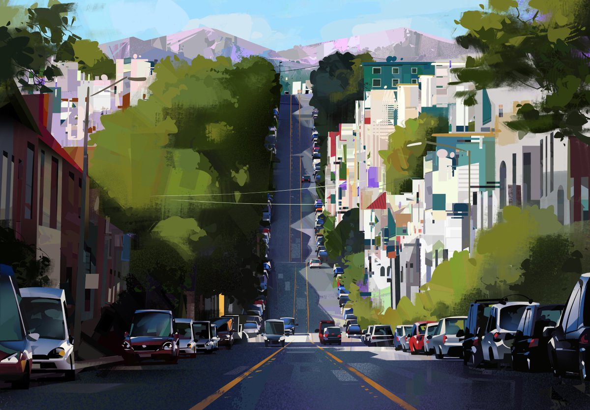 Always liked those SF steep roads.  Played with asymmetrical balance, placing tree clusters on opposite sides to frame the street while creating visual weight that guides the eye up the road. Youtube video about the painting process: youtu.be/QrLY4KaMs_o?si…