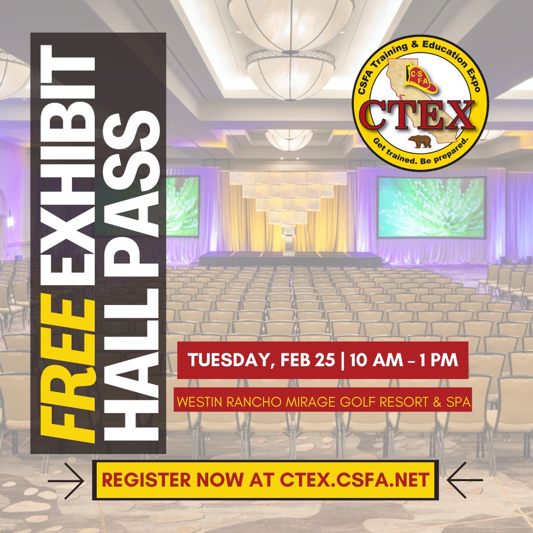 🚨 Get FREE access to the CTEX Exhibit Hall! 🚨

Explore cutting-edge fire service tools, tech &amp; resources—at no cost!

📍 CTEX | Rancho Mirage
📅 Tuesday, Feb 25 | 10 AM – 1 PM
🎟 Get your free pass now: ctex.csfa.net

#Free #RanchoMirage #CTEX #CSFA #ExhibitHall #CSFA
