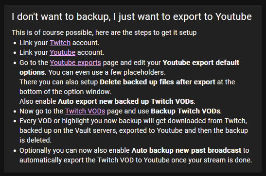 CommanderRoot's tweet image. My Vault got you if want to backup your @Twitch memories or just want to mass export them to Youtube.
It's even possible to add a chat overlay or upscale the video if you streamed in an odd resolution.
vault.root-space.eu/?ref=1