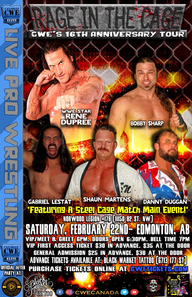 TONIGHT! <a href="/CWECanada/">CWE Canada</a> #Edmonton #Alberta Ft A Steel Cage Match, WWE Star Rene Dupree, <a href="/HotshotDannyD/">Hotshot Danny Duggan</a> <a href="/lionwarriorab/">Bobby Sharp</a> <a href="/shaunmartens/">Headline Shaun Martens</a> <a href="/CrusherAj/">CrusherAJSanchez</a> <a href="/KevinODoyle1/">Kevin O’Doyle</a> <a href="/stevestylesrcw/">Steven Styles</a> <a href="/CrudeOilCodyMac/">Cody Mac</a> <a href="/ronnieattitude/">Ronnie Attitude</a> &amp; more!