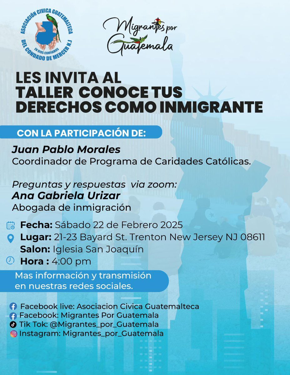 El día de hoy a las 4:00 pm hora del este de EEUU, Migrantes por Guatemala en cooperacion con la Asociacion Civica Guatemalteca del Condado de Mercer NJ presentara el taller “Conoce tus Derechos como Inmigrante” El taller será transmitido por Facebook Live desde nuestra pagina