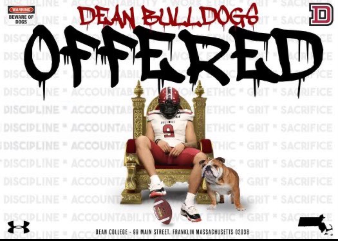 After a great conversation with Coach Crowley and the Dean coaching staff, and I’m excited to announce I’ve been offered to play at Dean College!

Go Bulldogs!