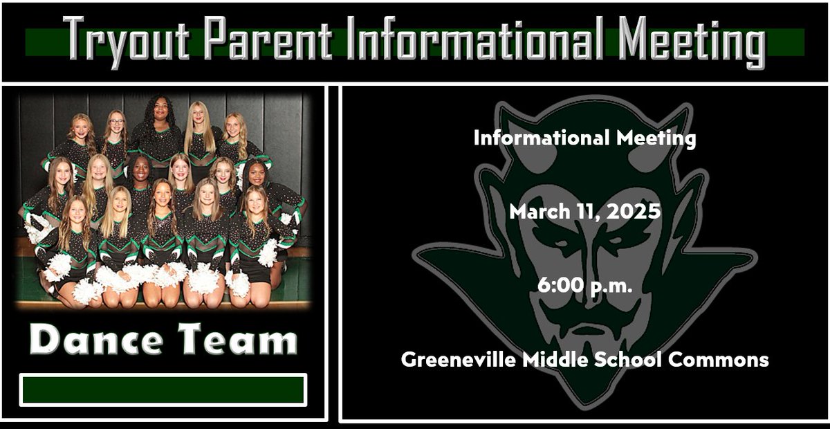 GMS Athletics, Dance
Dance Tryout Parent Informational Meeting
March 11, 2025
Go Devils! #RISEasONE #WEoverME
<a href="/GMS_greeneville/">Greeneville Middle School</a> <a href="/racheladamstn/">Dr. Rachel Adams</a> <a href="/CoachMcCall65/">Andy McCall</a> <a href="/gmsdevilsdance/">GMSdanceteam</a>