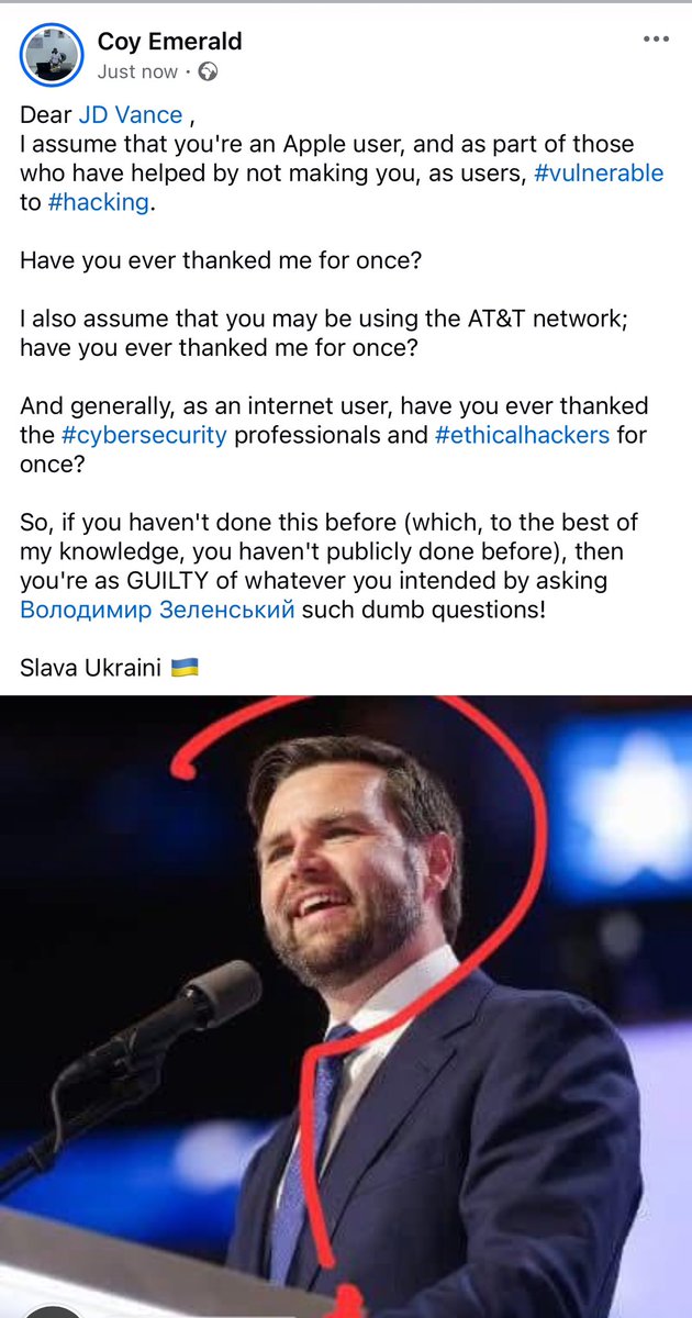 CoyEmerald1's tweet image. Dear @JDVance ,

Generally, as an Internet user, 
Have you ever thanked the #cybersecurity professionals and #ethicalhackers for once?