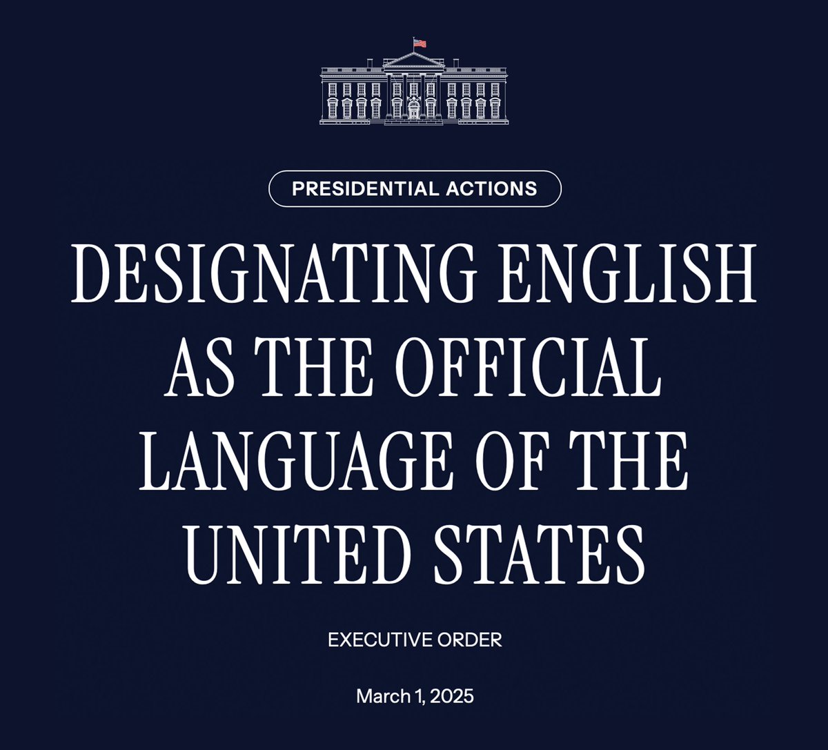 Executive Order Alert! 🇺🇸

ENGLISH IS NOW THE OFFICIAL LANGUAGE OF THE UNITED STATES.

America is SO BACK!