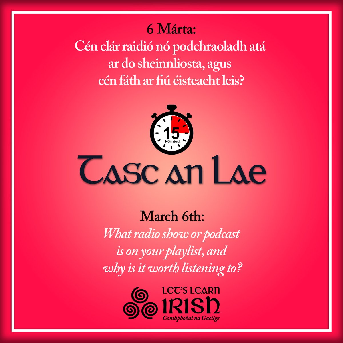 LetsLearnIrish's tweet photo. 6 Márta: #TascAnLae
Cén clár raidió nó podchraoladh atá ar do sheinnliosta, agus cén fáth ar fiú éisteacht leis?
What radio show or podcast is on your playlist, and why is it worth listening to?
#Gaeilge #LetsLearnIrish #TAL25 #SnaG25 https://t.co/yjAzaQmqTV