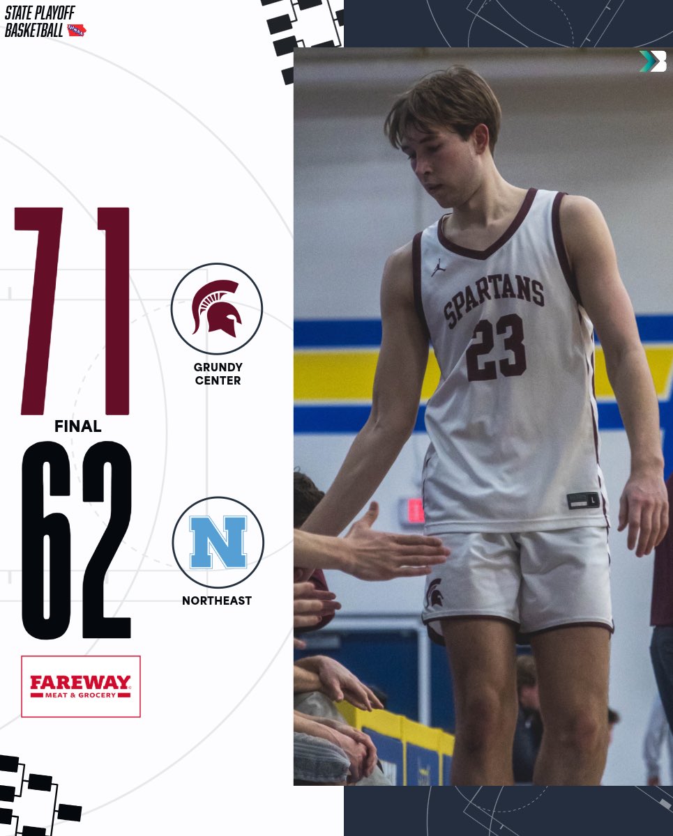 🚨𝗖𝗟𝗔𝗦𝗦 𝟮𝗔 𝗙𝗜𝗡𝗔𝗟 𝗦𝗖𝗢𝗥𝗘🚨

GRUNDY CENTER TAKES DOWN NORTHEAST TO MAKE IT BACK TO DES MOINES

THE SPARTANS LOOK TO WIN THE FOOTBALL AND BOYS BASKETBALL STATE CHAMPIONSHIPS

#iahsbkb Tyler Meyers