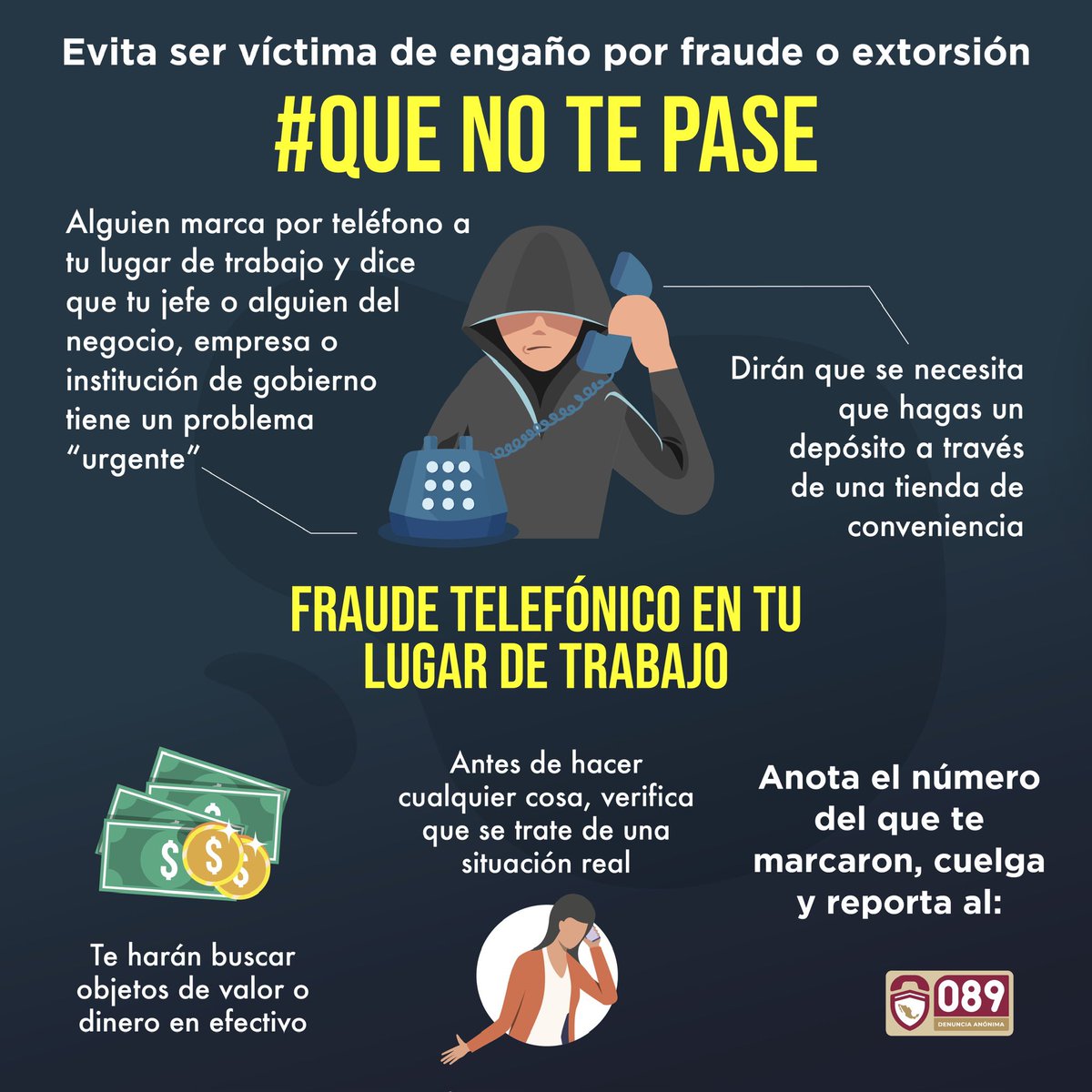 fiscaliaqro's tweet photo. Evita ser víctima de fraude cuando te llaman para decir que alguna persona o familiar tuvo un accidente y le urge que le depositen dinero, ¡cuelga!
#QueNoTePase https://t.co/SKm4IiQYvV