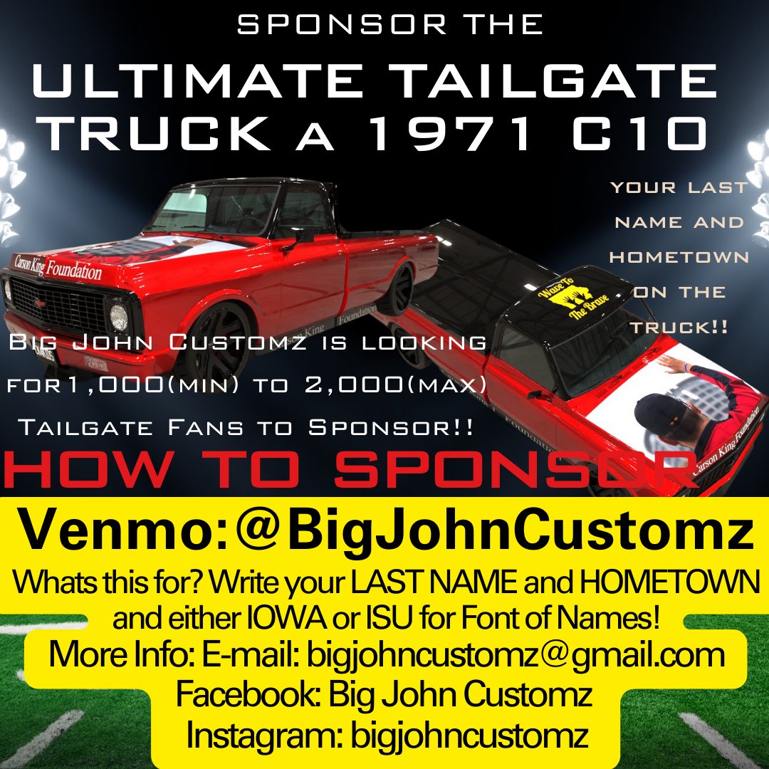TheCarsonKingF1's tweet image. Big John Customz is going above and beyond to bring a new creative spin to fundraising! A 2 year sponsorship, half of which gets donated directly to CKF to help us continue our efforts! Plus, your family or your business get to be represented at our events! #ftk ❤️