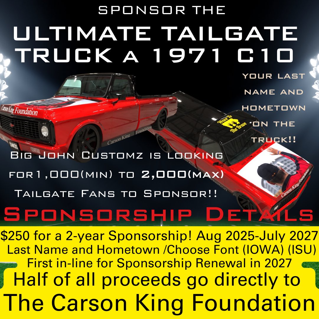 TheCarsonKingF1's tweet image. Big John Customz is going above and beyond to bring a new creative spin to fundraising! A 2 year sponsorship, half of which gets donated directly to CKF to help us continue our efforts! Plus, your family or your business get to be represented at our events! #ftk ❤️
